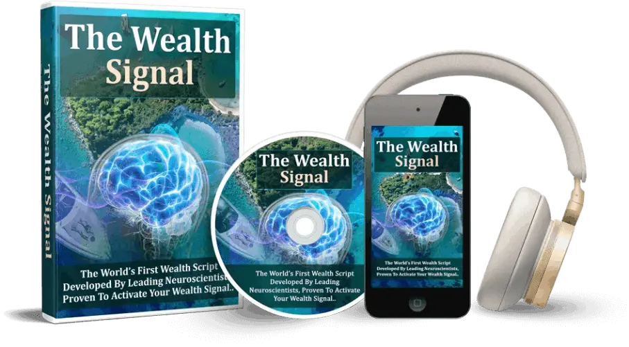 The Wealth Signal review illustration showing a rising financial focus line, a gold coin, and mindset-focused audio concepts